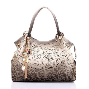 Hollow Out Ombre Floral Print Leather Satchel